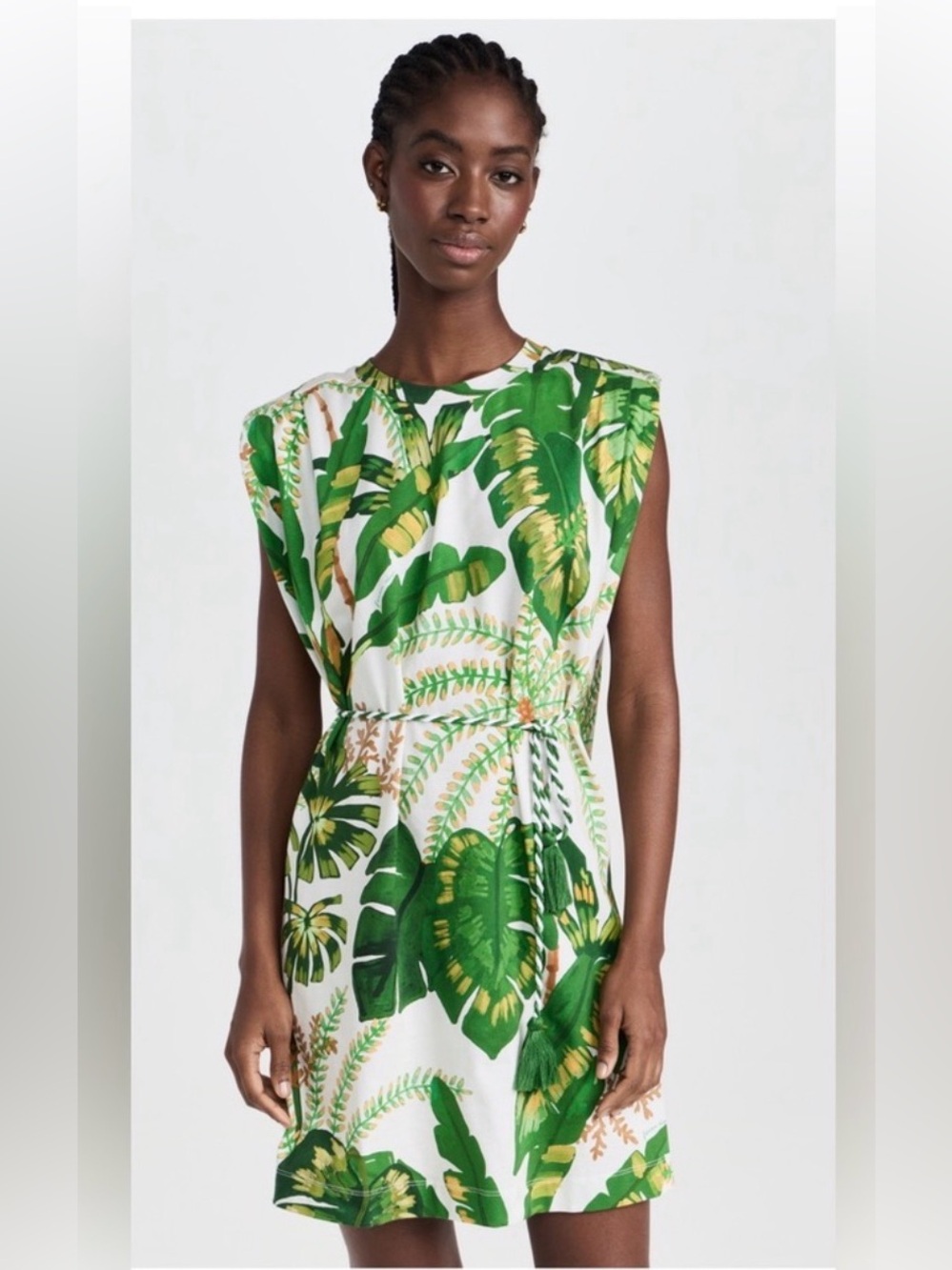 Farm Rio Tropical Leaf Print Green Sleeveless Dress